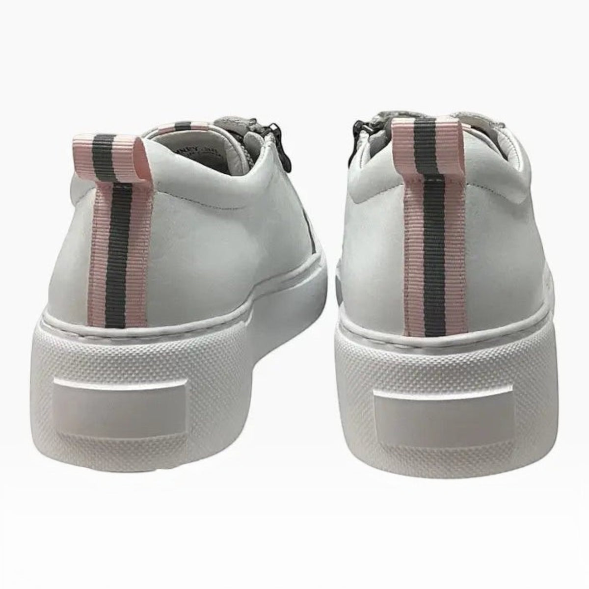The Shoe Shop Belle Scarpe Romney white leather sneakers featuring a striped heel tab and thick white rubber soles.