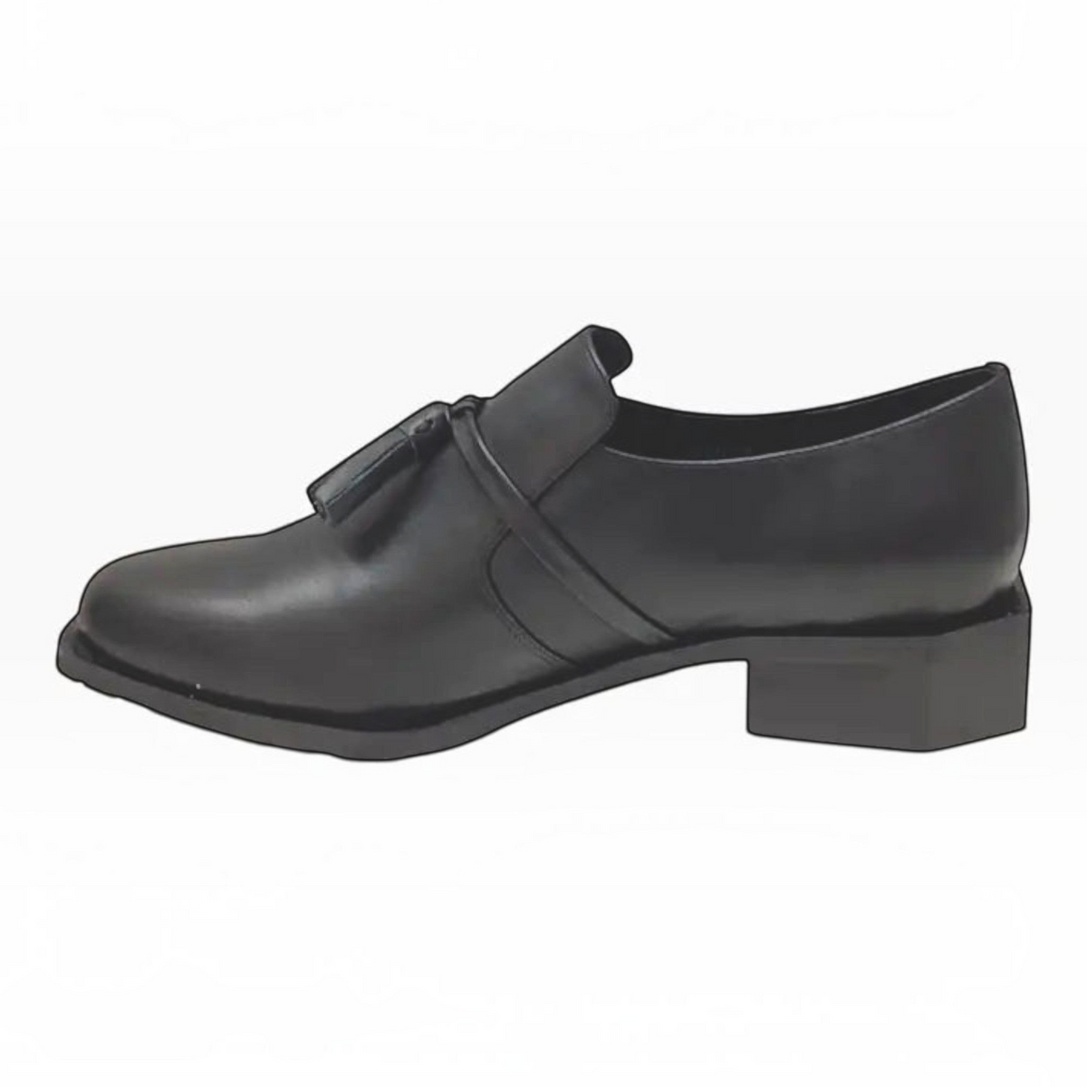 The Shoe Shop Belle Scarpe Rowen black leather loafer flat with tassel detail and low stacked heel, side view.