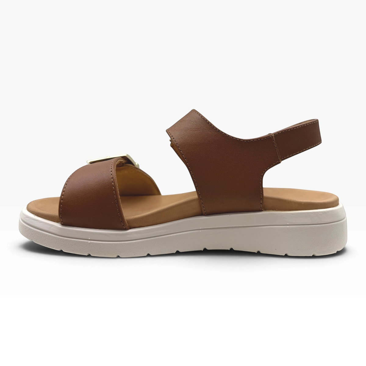 The Shoe Shop Bettina sandal in brown leather with a comfortable white platform sole and side buckle detail
