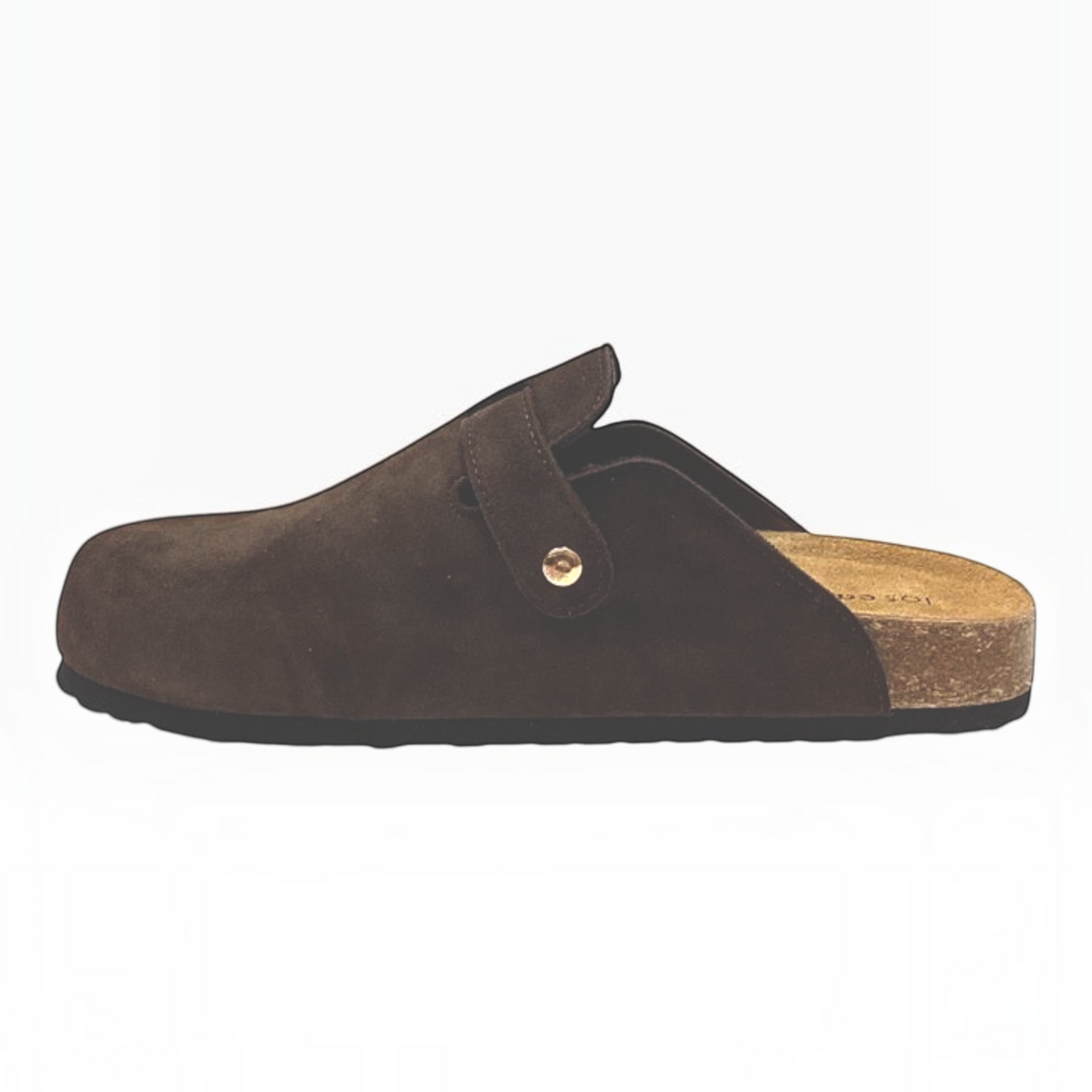 The Shoe Shop Bili mule slide in dark brown recycled suede with an adjustable metal buckle and cork footbed.