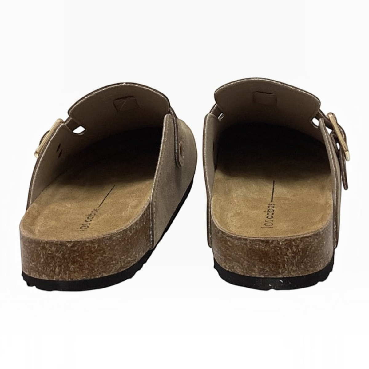The Shoe Shop Bili mule slides in tan recycled suede with an open-back design, adjustable metal buckle, and cork footbed