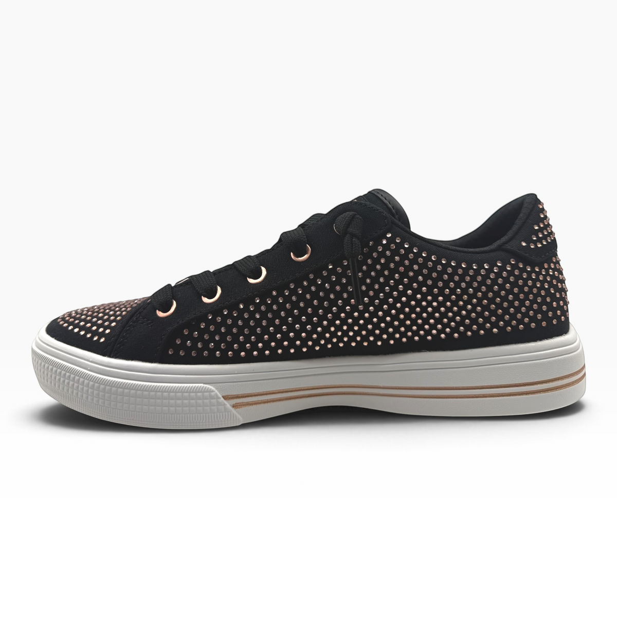 The Shoe Shop Arch Fit Arcade Gem Steps black canvas sneaker with metallic stud detailing and cushioned white sole