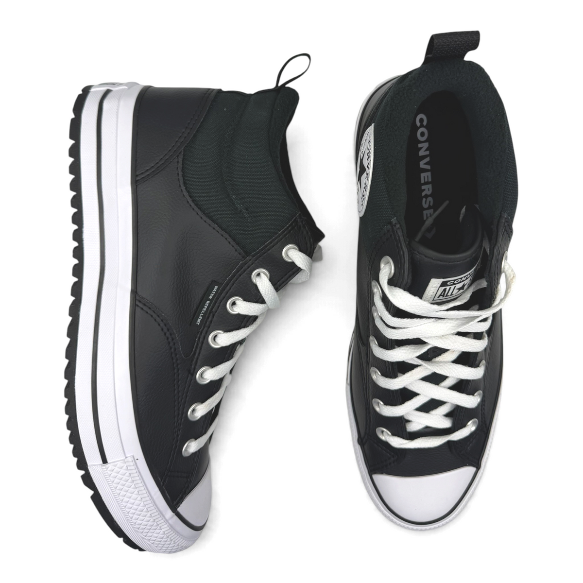 The Shoe Shop black Converse Chuck Taylor Malden Street mid-top boots with white laces and traction outsoles.