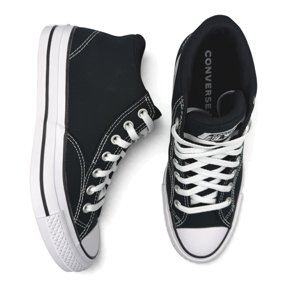 The Shoe Shop black canvas Converse Chuck Taylor All Star Malden Street mid-top sneakers with white laces and soles.