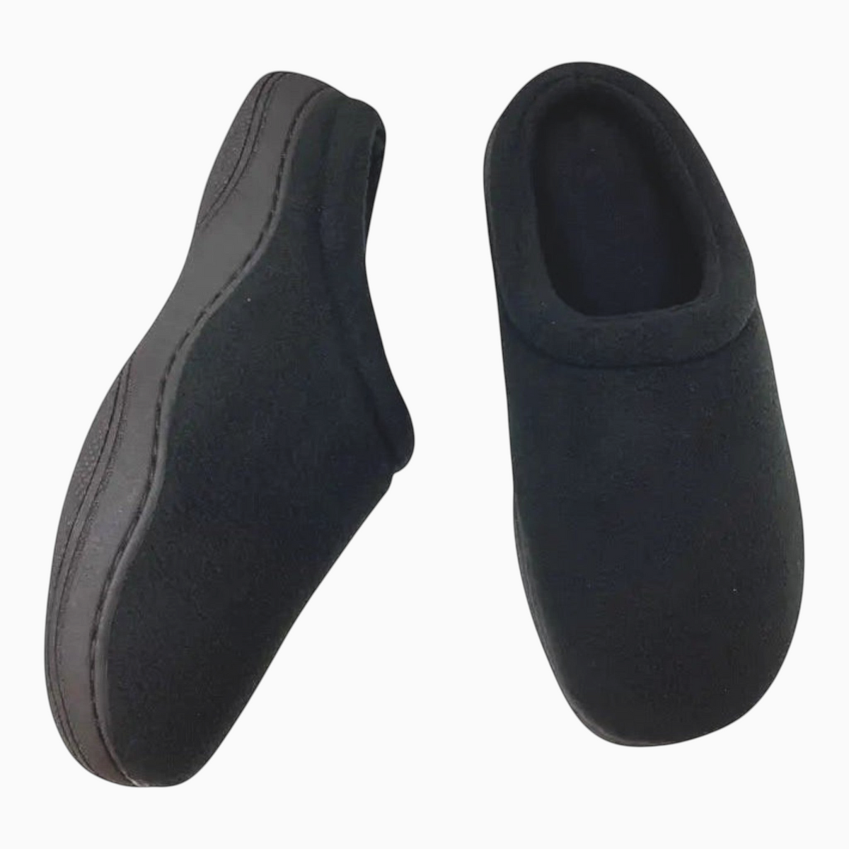 The Shoe Shop Suzie black polar fleece clog slippers with a cushioned insole for cosy home comfort.
