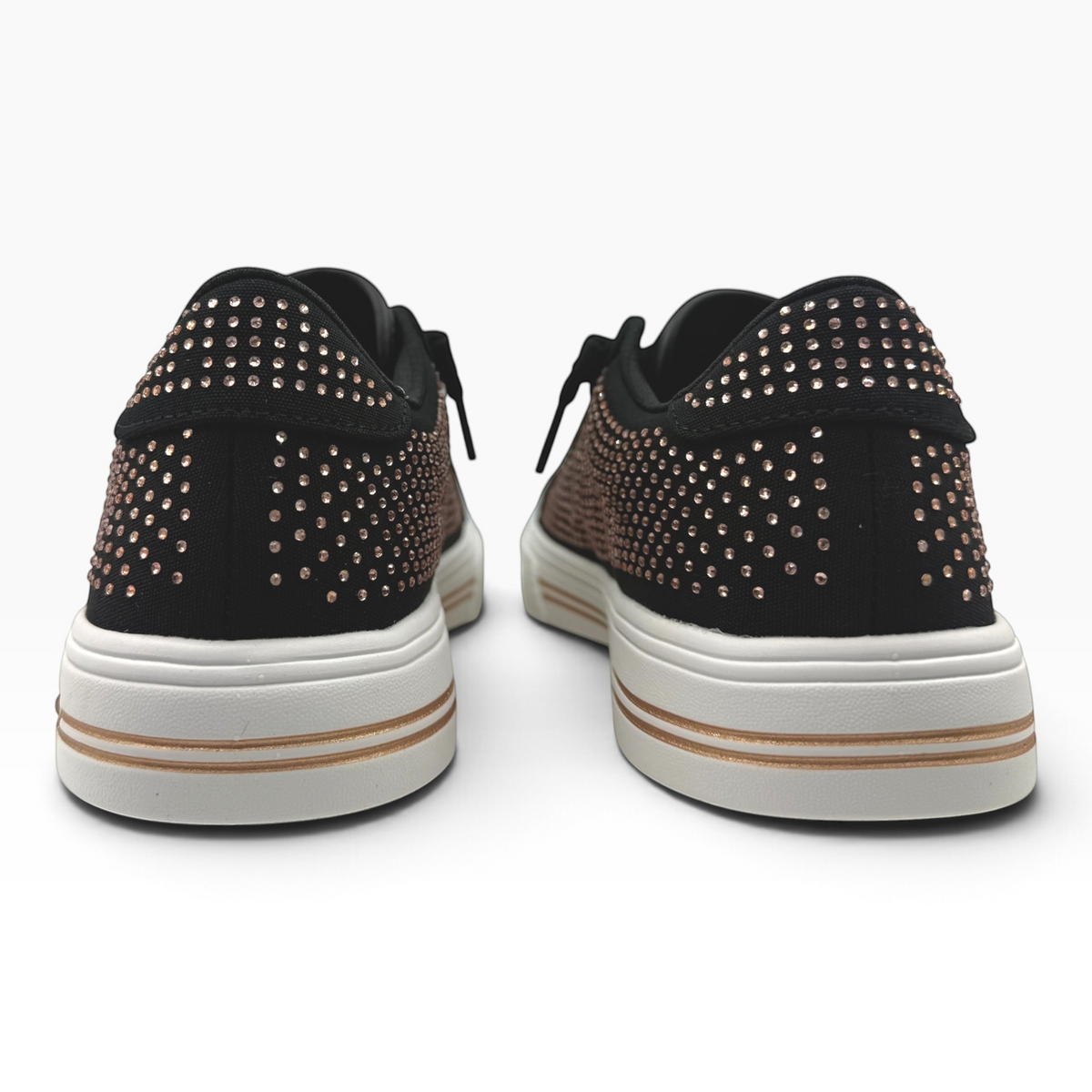 The Shoe Shop Arch Fit Arcade Gem Steps black canvas sneakers with metallic stud detailing and cushioned white soles