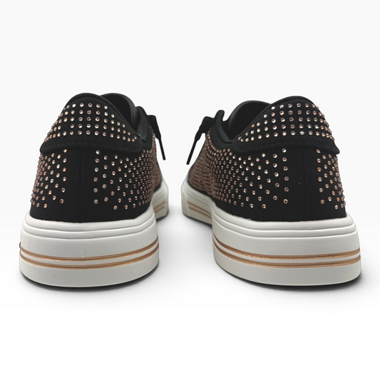 The Shoe Shop Arch Fit Arcade Gem Steps black canvas sneakers with metallic stud detailing and cushioned white soles