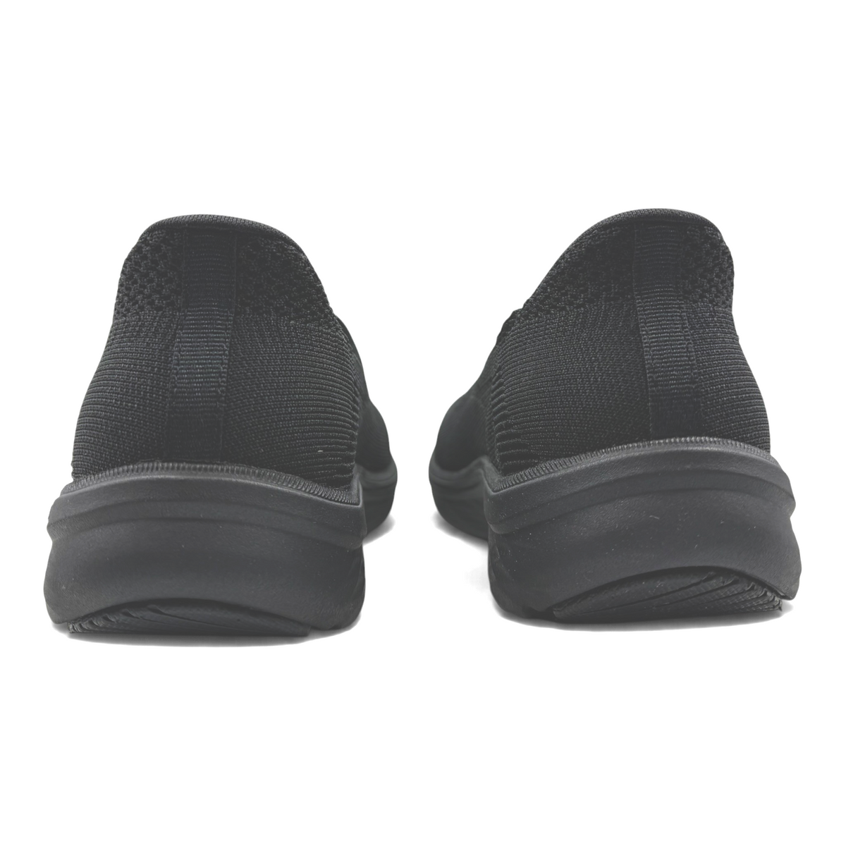 The Shoe Shop black knit Slip-Ins Max Cushioning Lite Aura Mary-Jane sneakers seen from the back heel view.