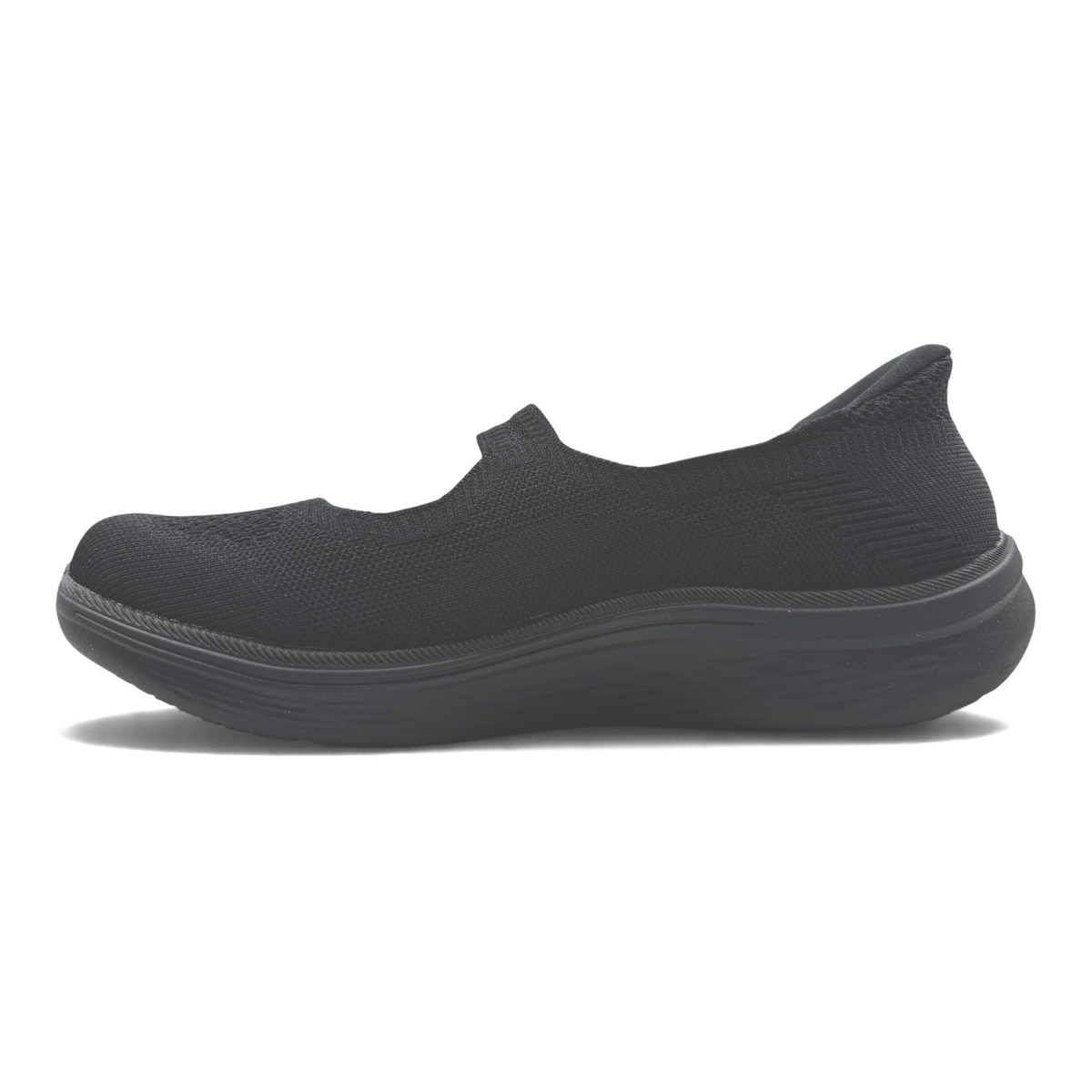 The Shoe Shop black knit Mary Jane sneaker with a cushioned midsole and slip-on design for comfortable daily wear.