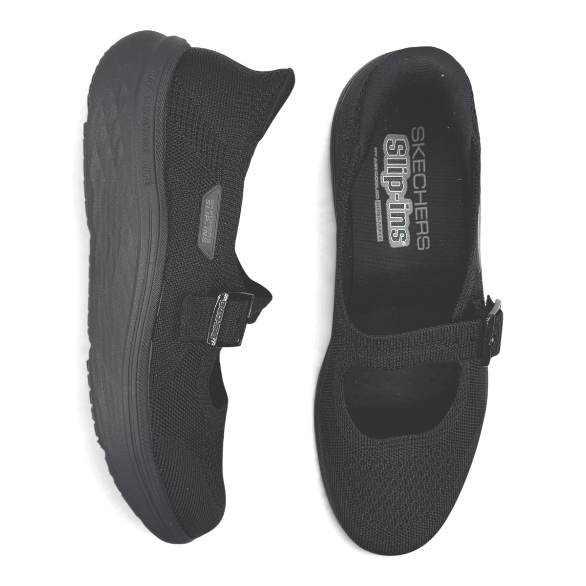 The Shoe Shop Skechers black knit Mary Jane slip-in sneakers with a rhinestone buckle and cushioned midsole.
