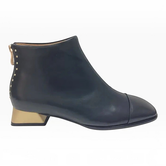 The Shoe Shop Bresley Demon black leather ankle boot with gold block heel and metal stud detailing
