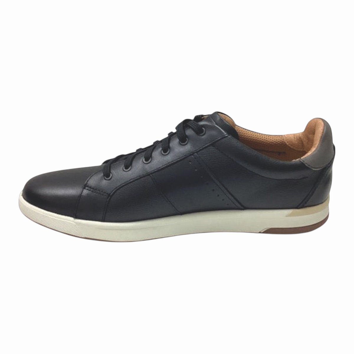 The Shoe Shop Crossover Lace Sneaker in black leather with a white rubber sole and side panel detailing