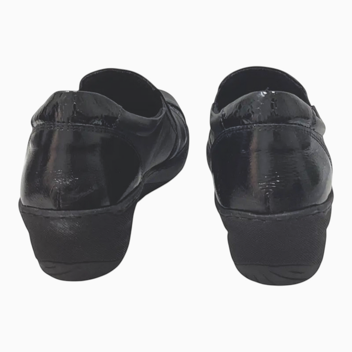 The Shoe Shop Cabello black crinkle leather slip-on loafers with cushioned soles and a classic heel view
