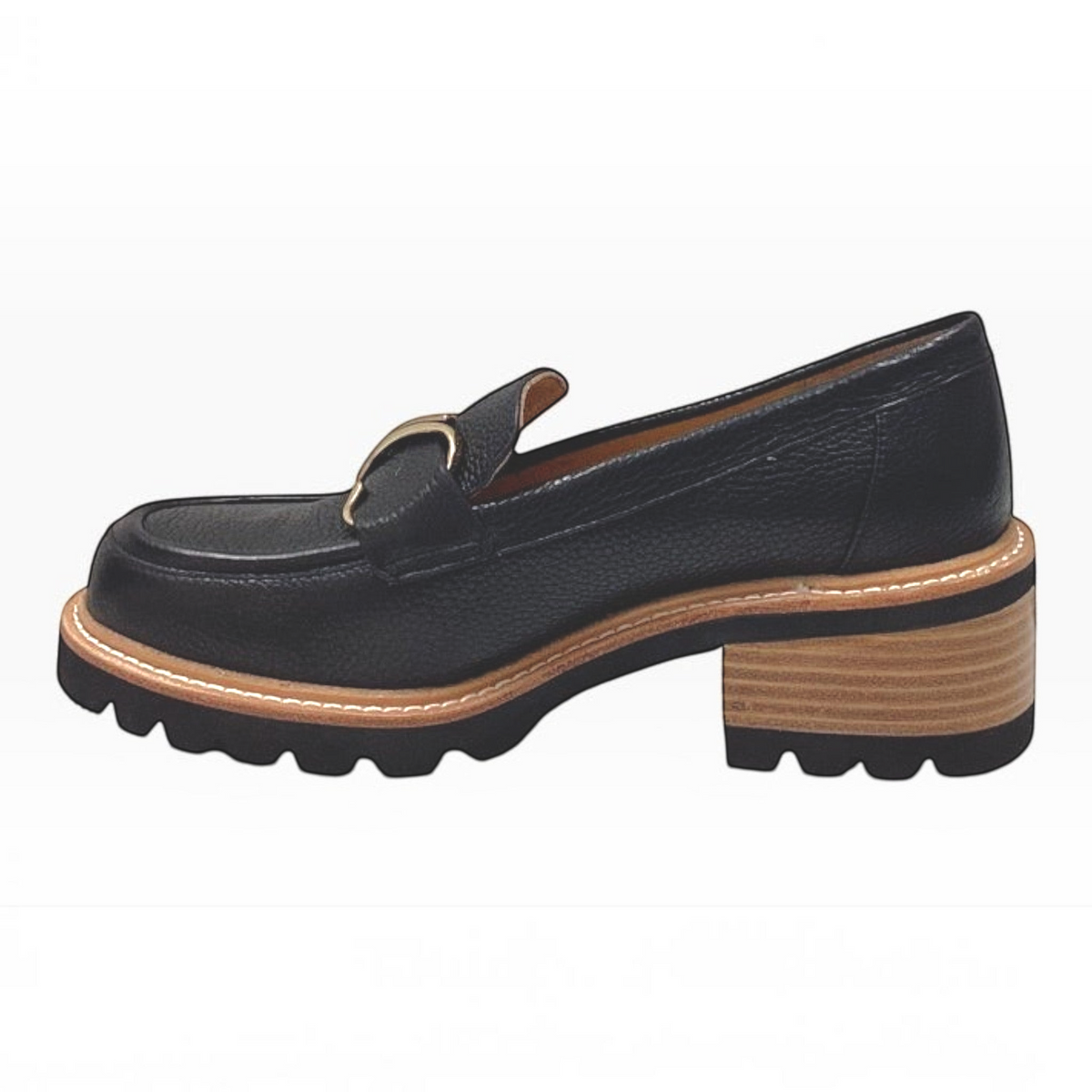 The Shoe Shop Dylan black leather loafer with a front zip, gold-tone buckle, and a sturdy low block heel.