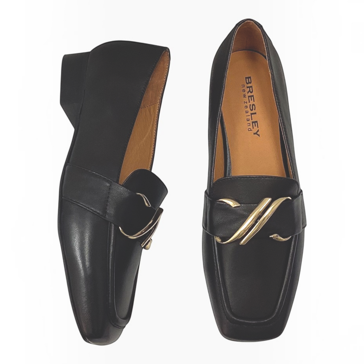 The Shoe Shop Sinamon black leather loafers with gold-tone buckle detail and low stacked heel