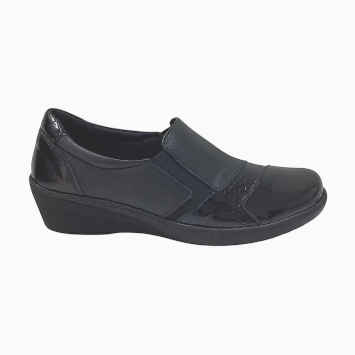 The Shoe Shop Cabello CP461-18 black crinkle leather slip-on loafer with a cushioned footbed and flexible sole.