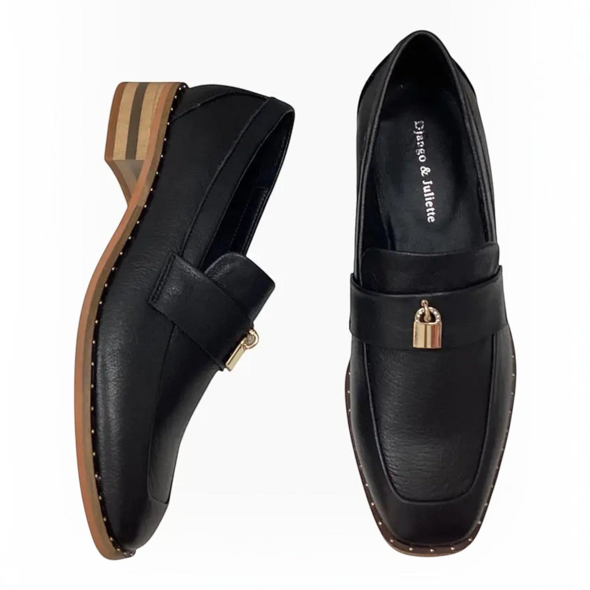 The Shoe Shop Django & Juliette Fillipia black leather loafers with square toe, gold lock detail, and stacked heel.