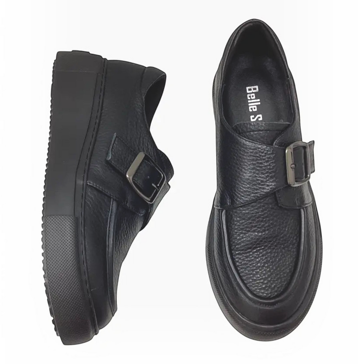The Shoe Shop Belle Scarpe black pebbled leather platform loafers with buckle detail and cushioned sole