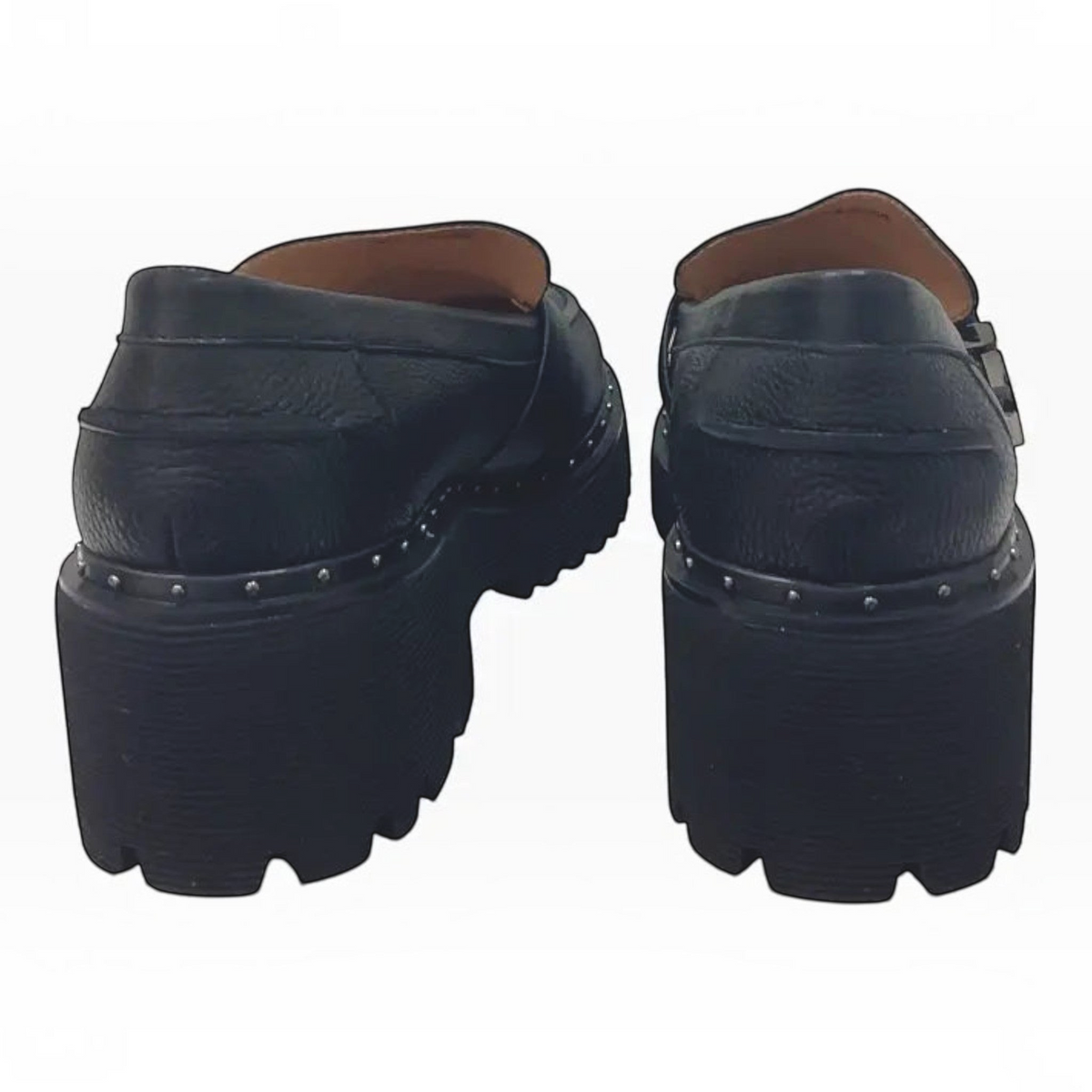 The Shoe Shop Belle Scarpe Ric black pebbled leather loafers with chunky lug platform soles and silver stud detailing