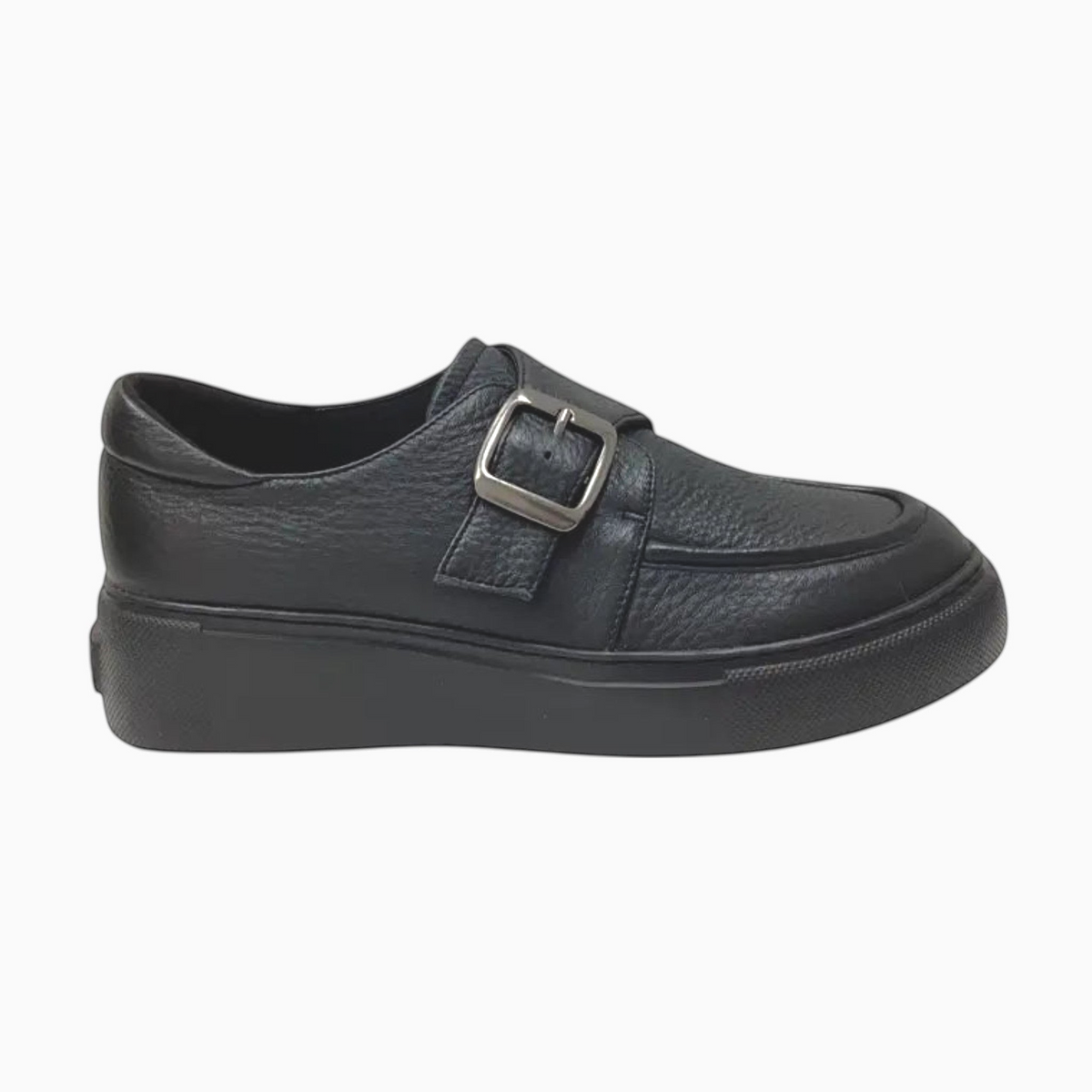 The Shoe Shop Ragdoll Loafer in black pebbled leather with a silver buckle and thick platform sole.