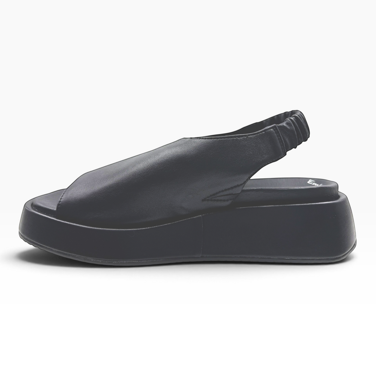 The Shoe Shop Zootie black leather platform sandal with a slingback strap and open toe design