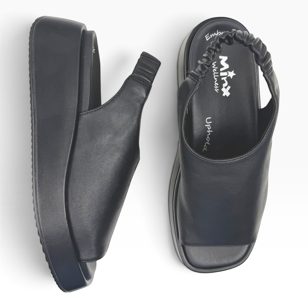 The Shoe Shop Zootie black leather platform sandals with a comfortable elasticated slingback strap