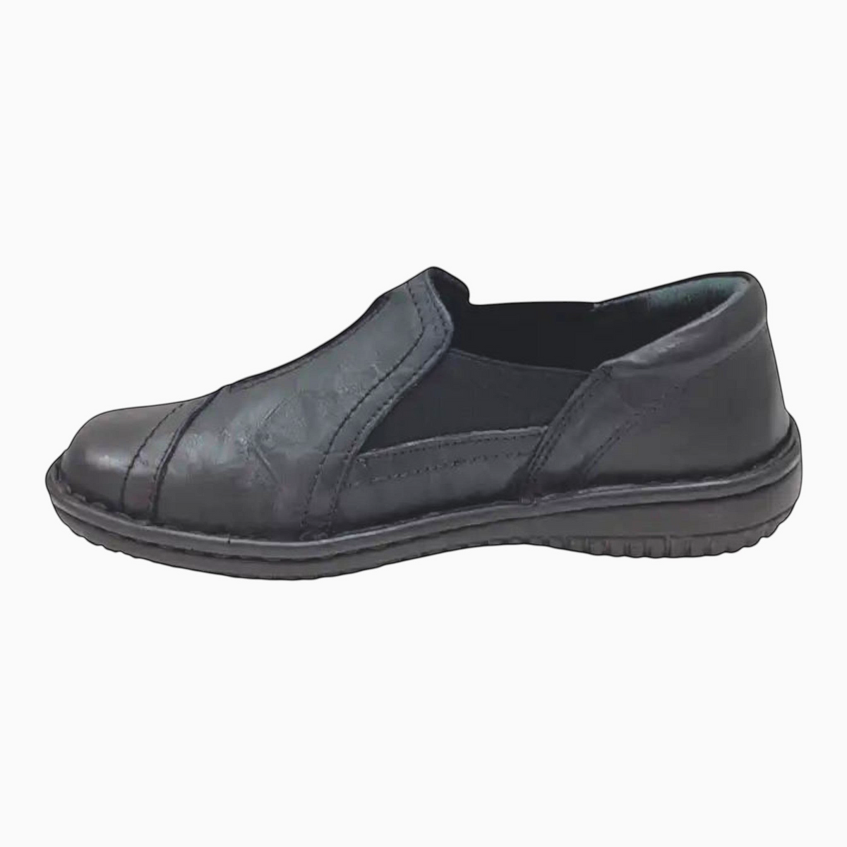The Shoe Shop Cabello black leather slip-on shoe with twin elastic gussets and a flexible sole for orthotic comfort.