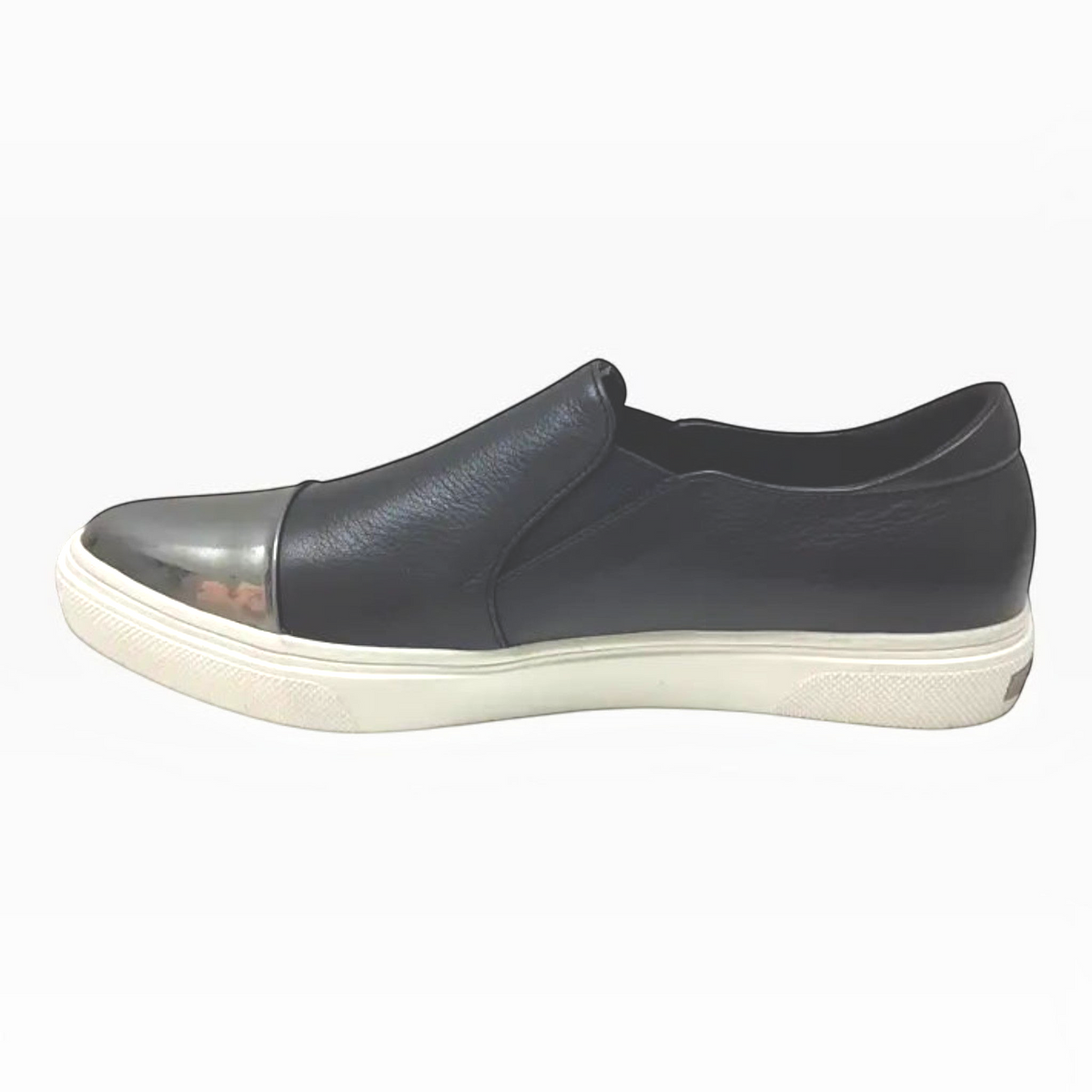 The Shoe Shop Icecap black leather slip-on sneaker with a metallic silver toe cap and white rubber sole.