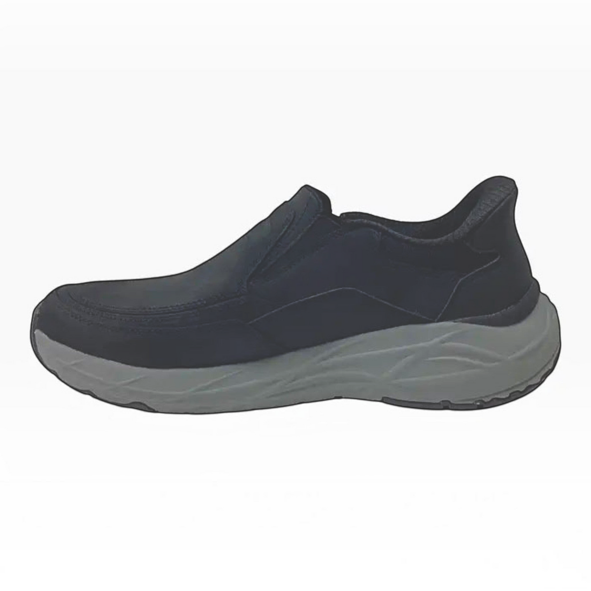 The Shoe Shop Skechers Arch Fit Maverick Redford black leather slip-on shoe with a grey cushioned rubber sole.