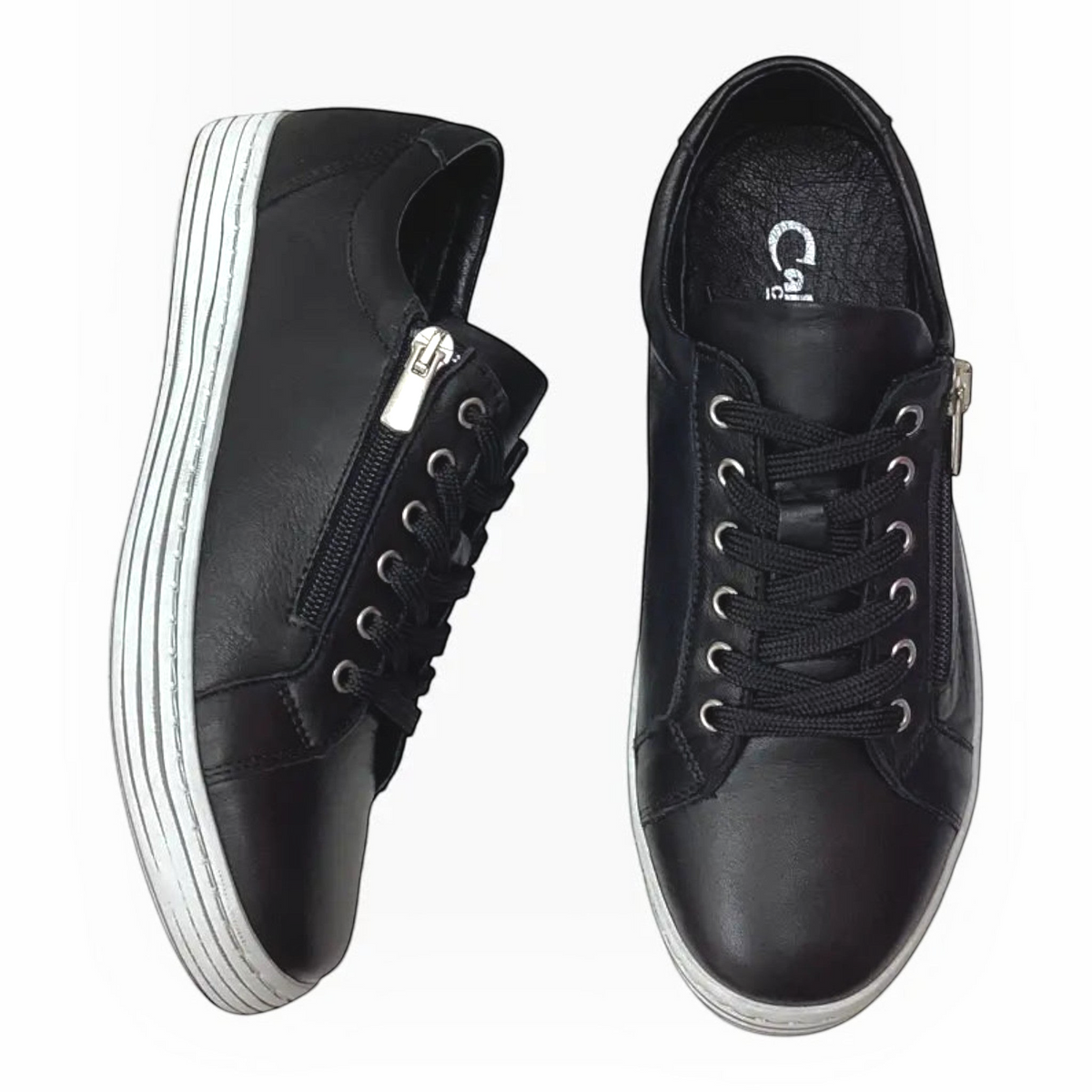 The Shoe Shop Cabello Unity black leather sneakers with side zip, lace-up closure, and white thermo sole.
