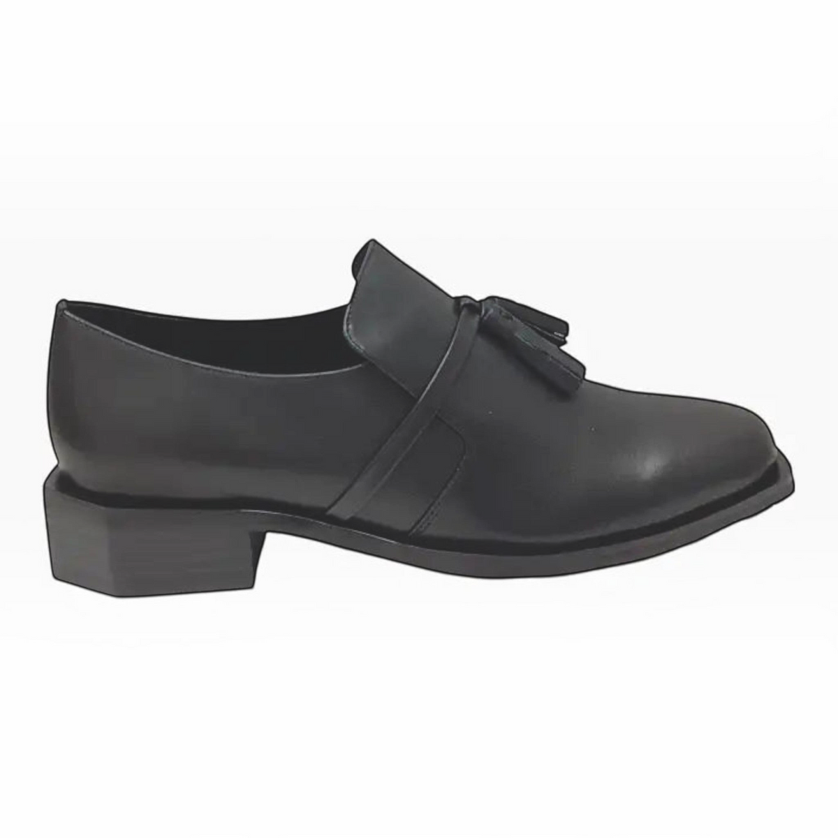 The Shoe Shop Belle Scarpe Rowen black leather loafer with tassel detail and a low stacked heel.