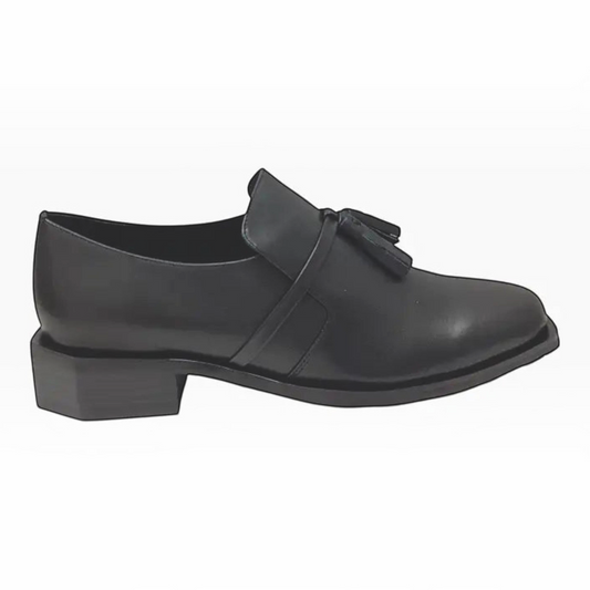 The Shoe Shop Belle Scarpe Rowen black leather loafer with tassel detail and a low stacked heel.