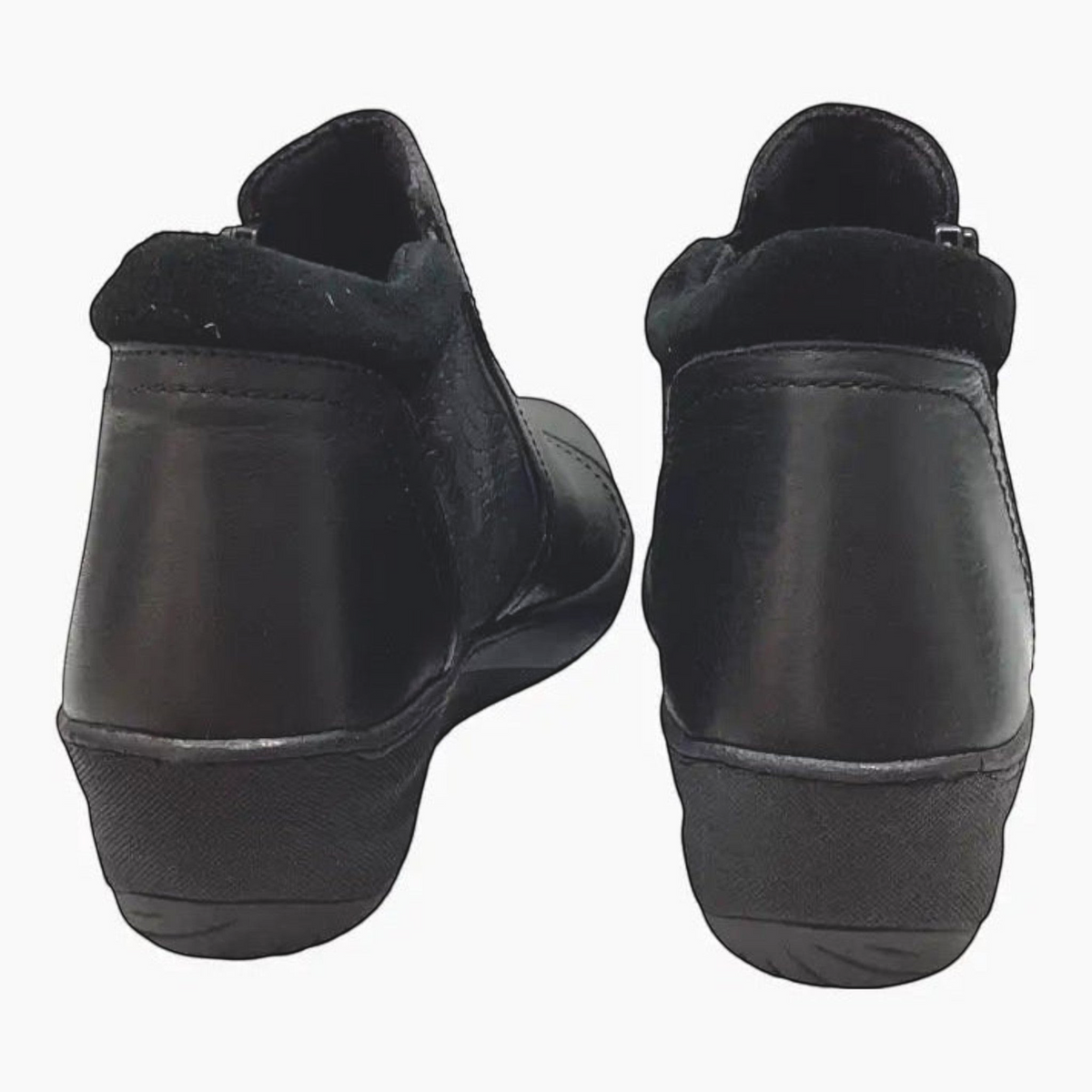 The Shoe Shop CP462-18 black leather wedge boots featuring a padded heel collar and back view detail.