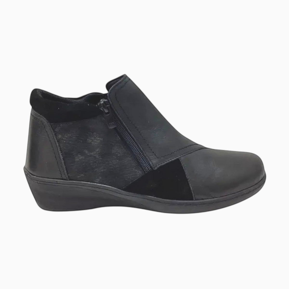 The Shoe Shop CP462-18 black leather wedge boot with patterned detailing, side zip, and elastic gusset.