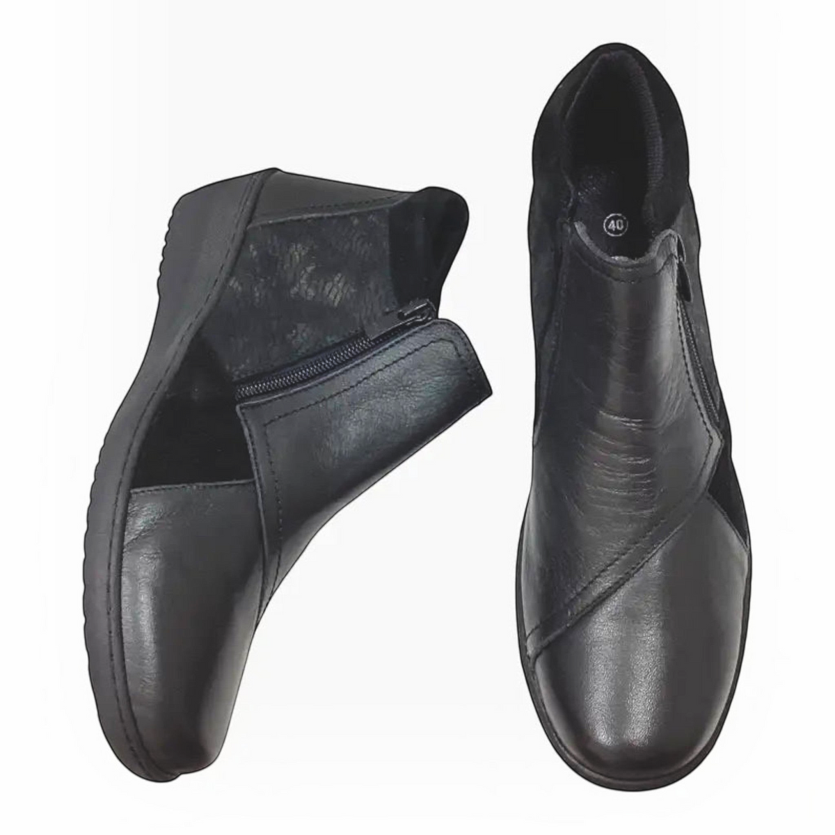 The Shoe Shop CP462-18 black leather wedge boots with patterned detailing, elastic gusset, and side zip closure.