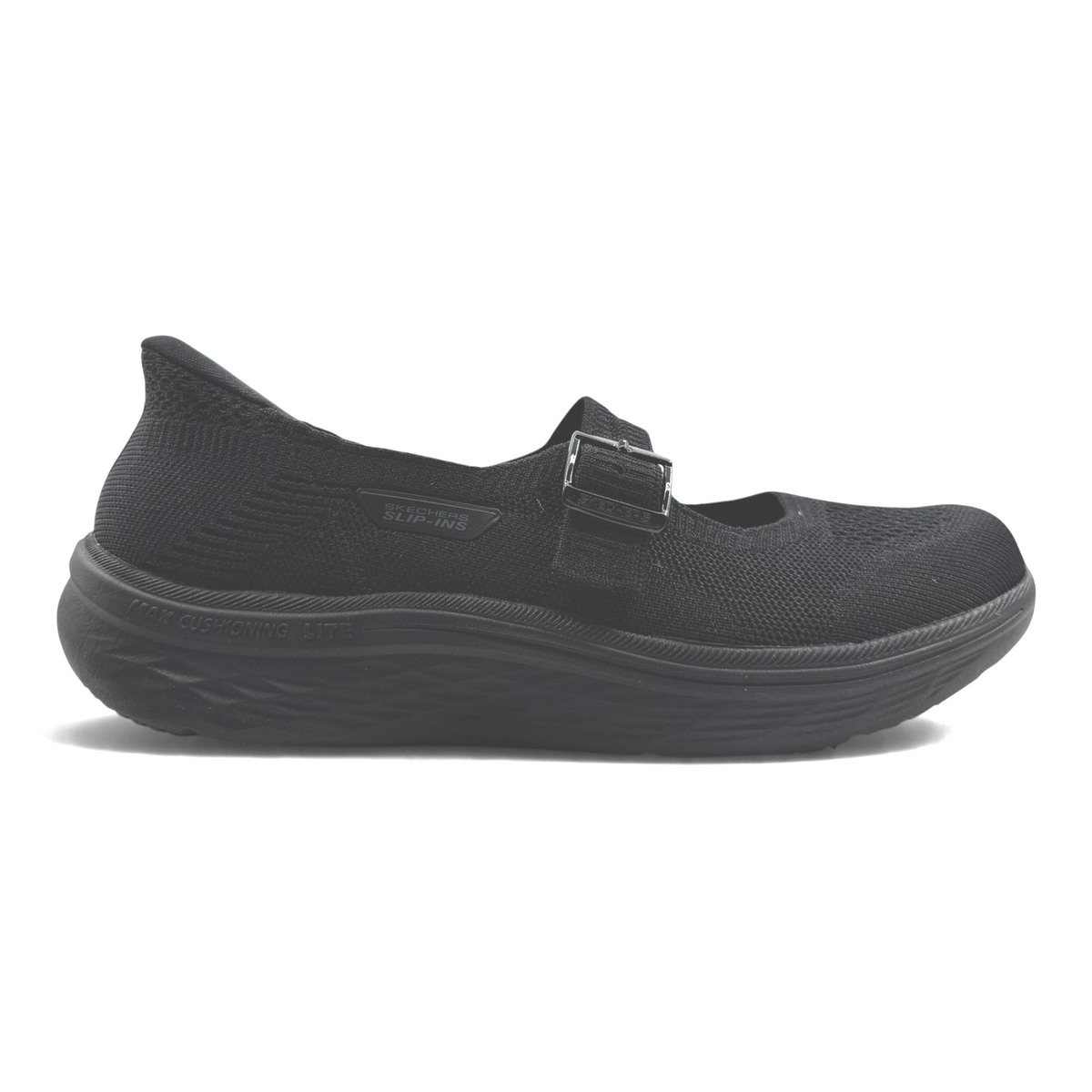 The Shoe Shop black Skechers Slip-Ins Max Cushioning Lite Aura Mary Jane sneaker with a knit upper and buckle detail.