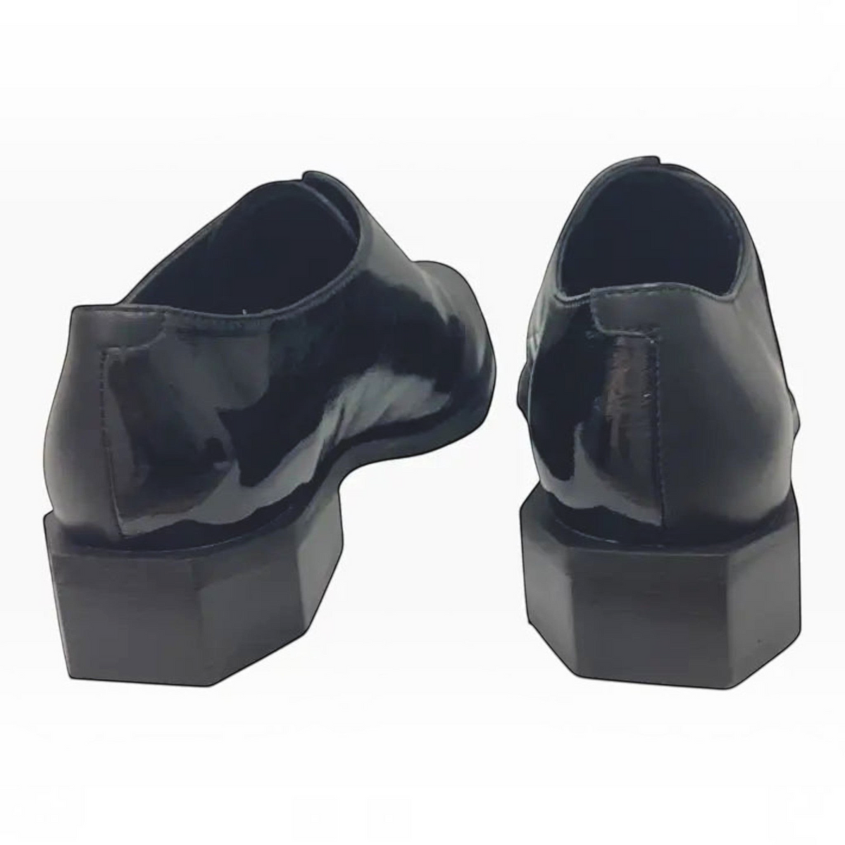The Shoe Shop Belle Scarpe Raya flat shoes in black patent leather with a unique hexagonal block heel, rear view.