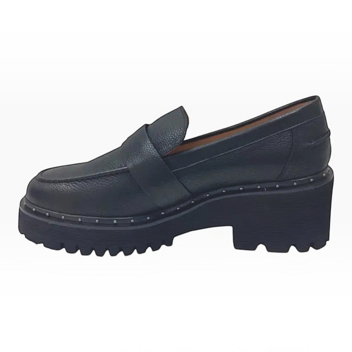 The Shoe Shop Belle Scarpe Ric black pebbled leather loafer with a chunky lug platform sole and silver stud trim.