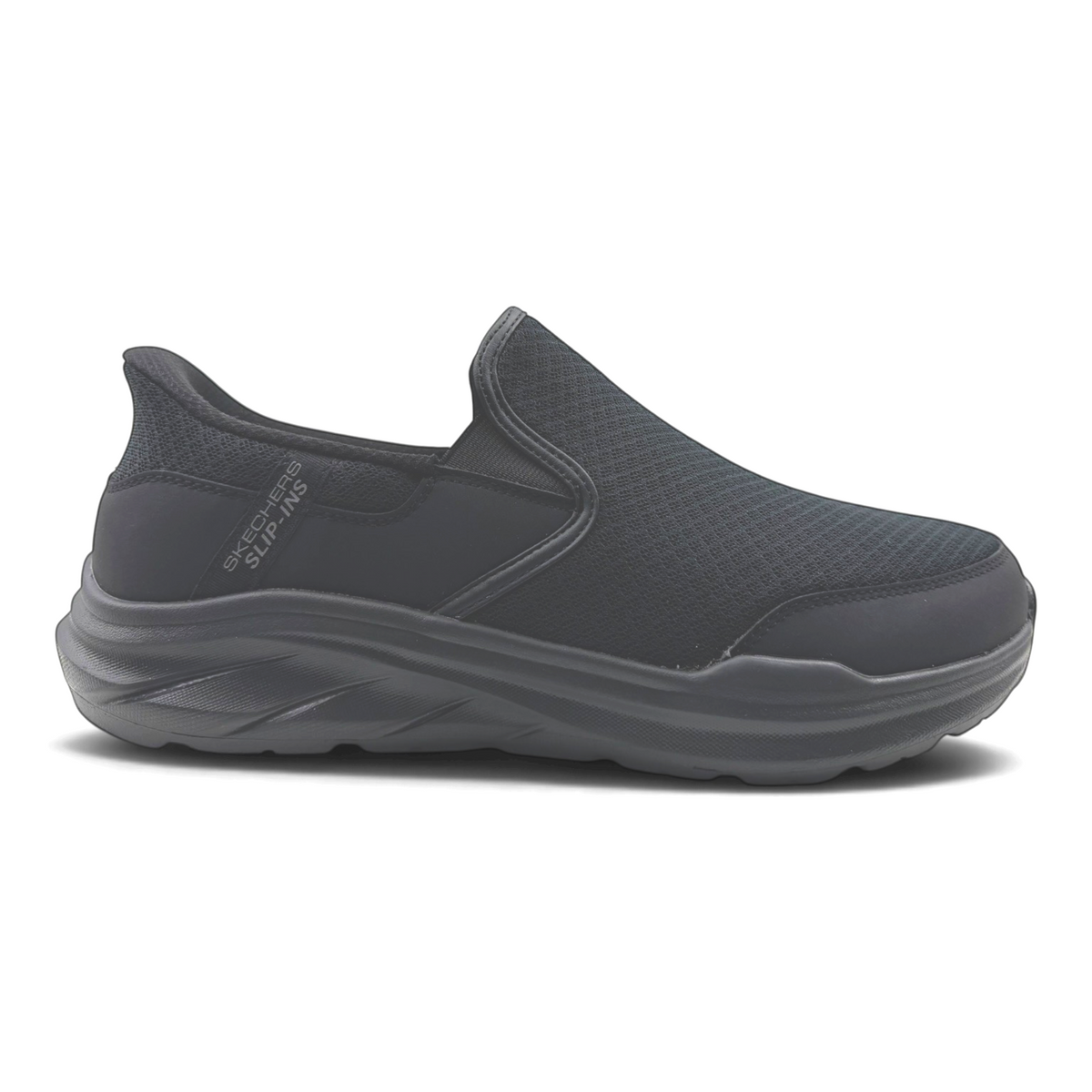 The Shoe Shop Skechers Equalizer Stoaver black slip-on sneaker with mesh upper and cushioned sole