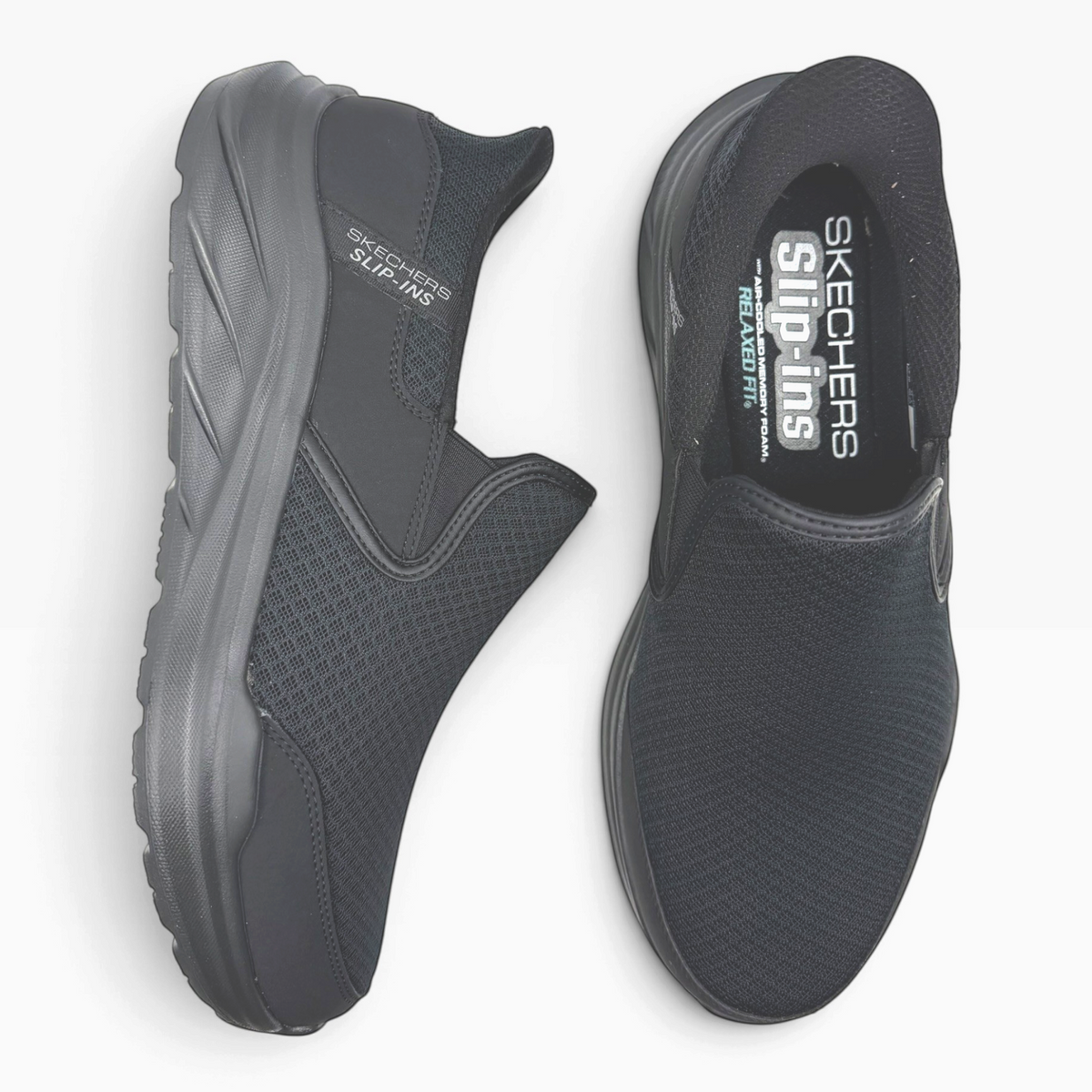 The Shoe Shop Skechers Equalizer Stoaver black slip-on sneakers with mesh upper and memory foam insole