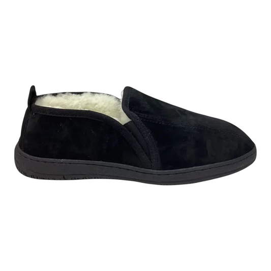 The Shoe Shop Charlie black suede sheepskin slipper with a plush white wool lining and durable TPR sole.