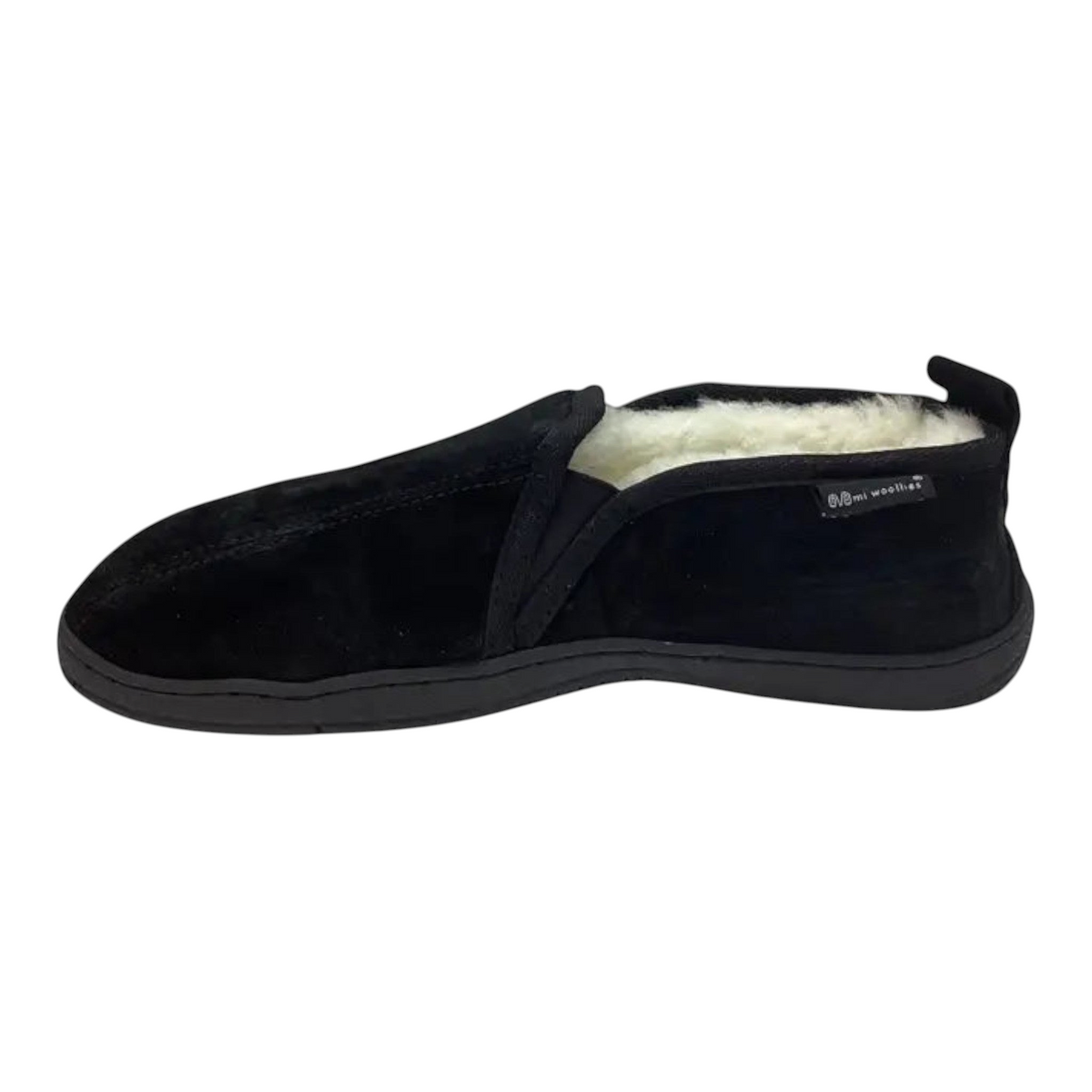 The Shoe Shop Mi Woollies Charlie black suede slipper with plush white sheepskin lining and durable TPR sole