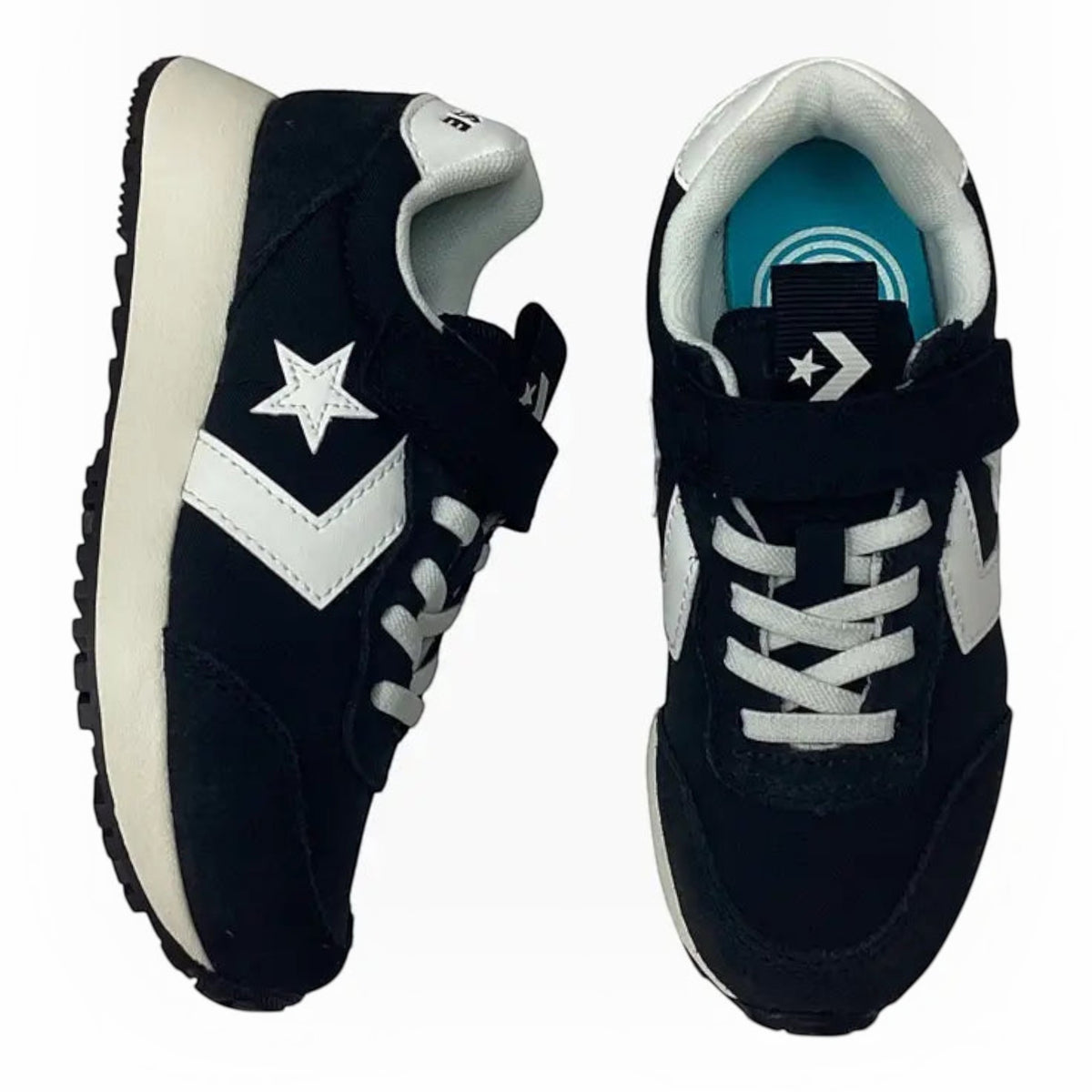 The Shoe Shop Omega Trainer OX youth sneakers in black suede with white star logo and adjustable strap