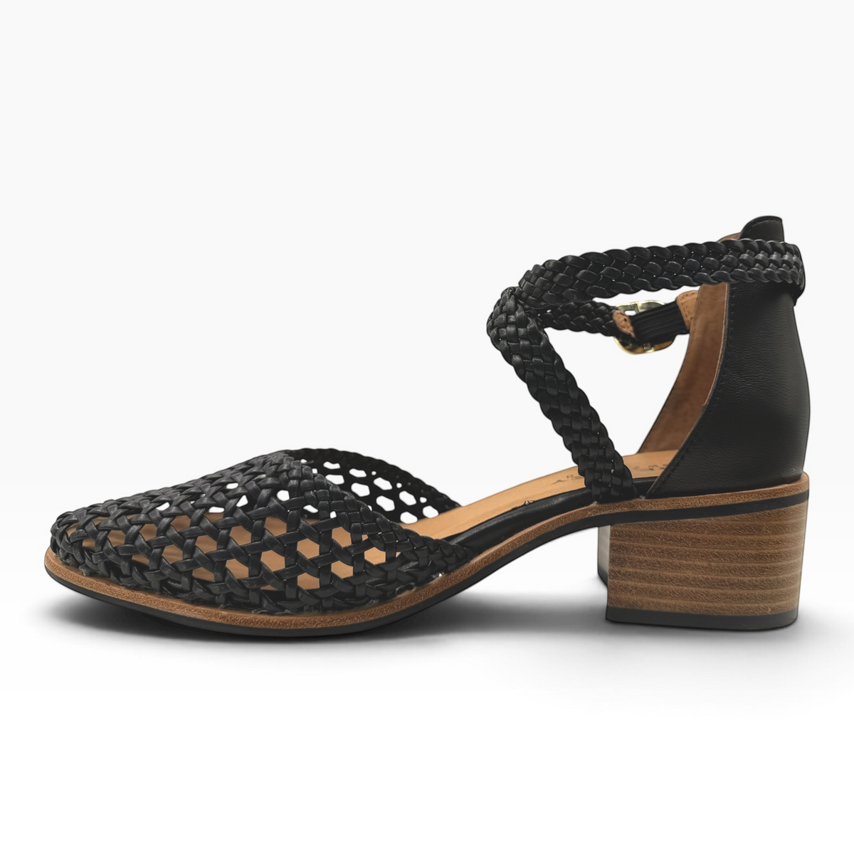 The Shoe Shop Anglo black woven leather closed-toe sandal with a low block heel and ankle strap