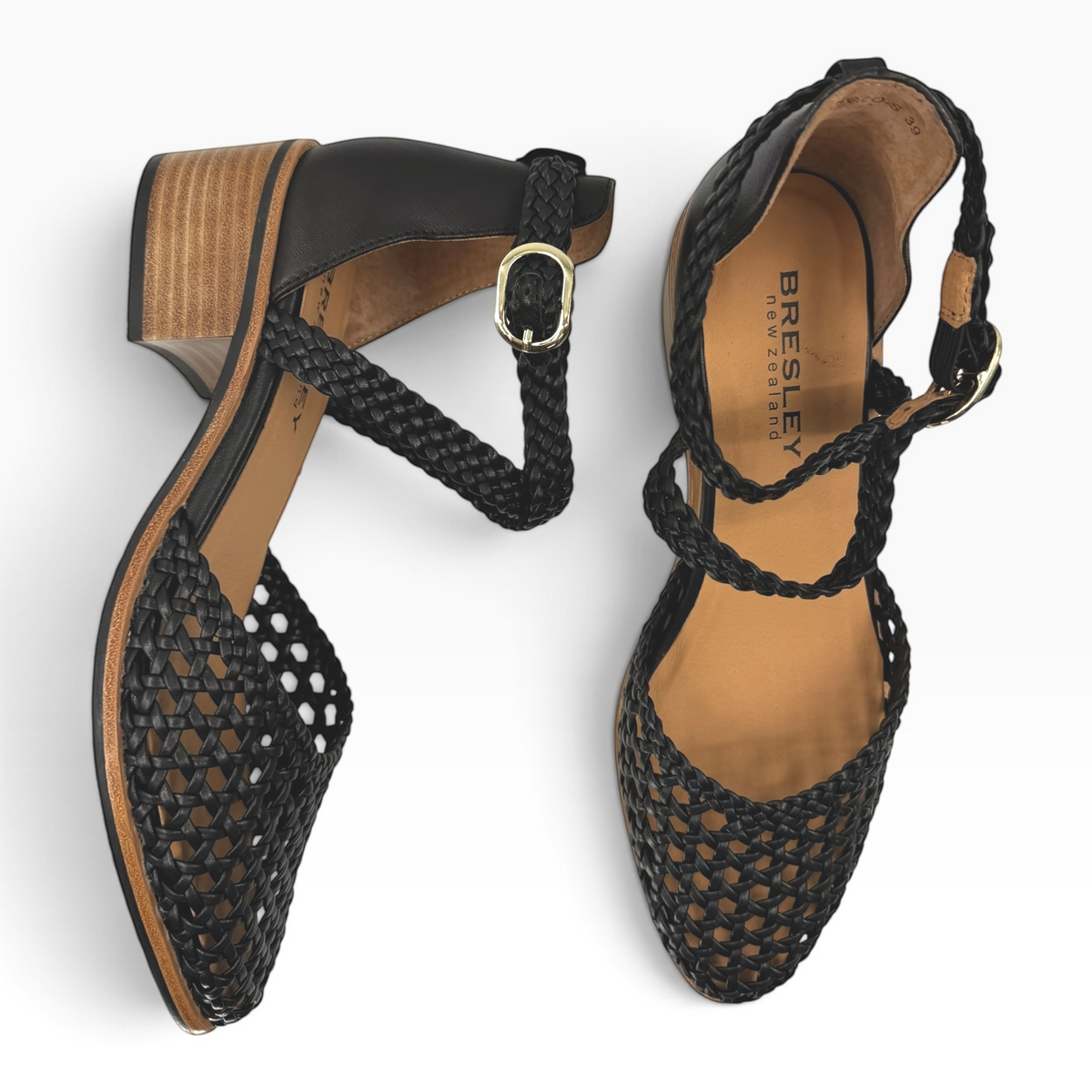 The Shoe Shop Anglo black leather woven closed-toe sandals with a low block heel and adjustable ankle strap