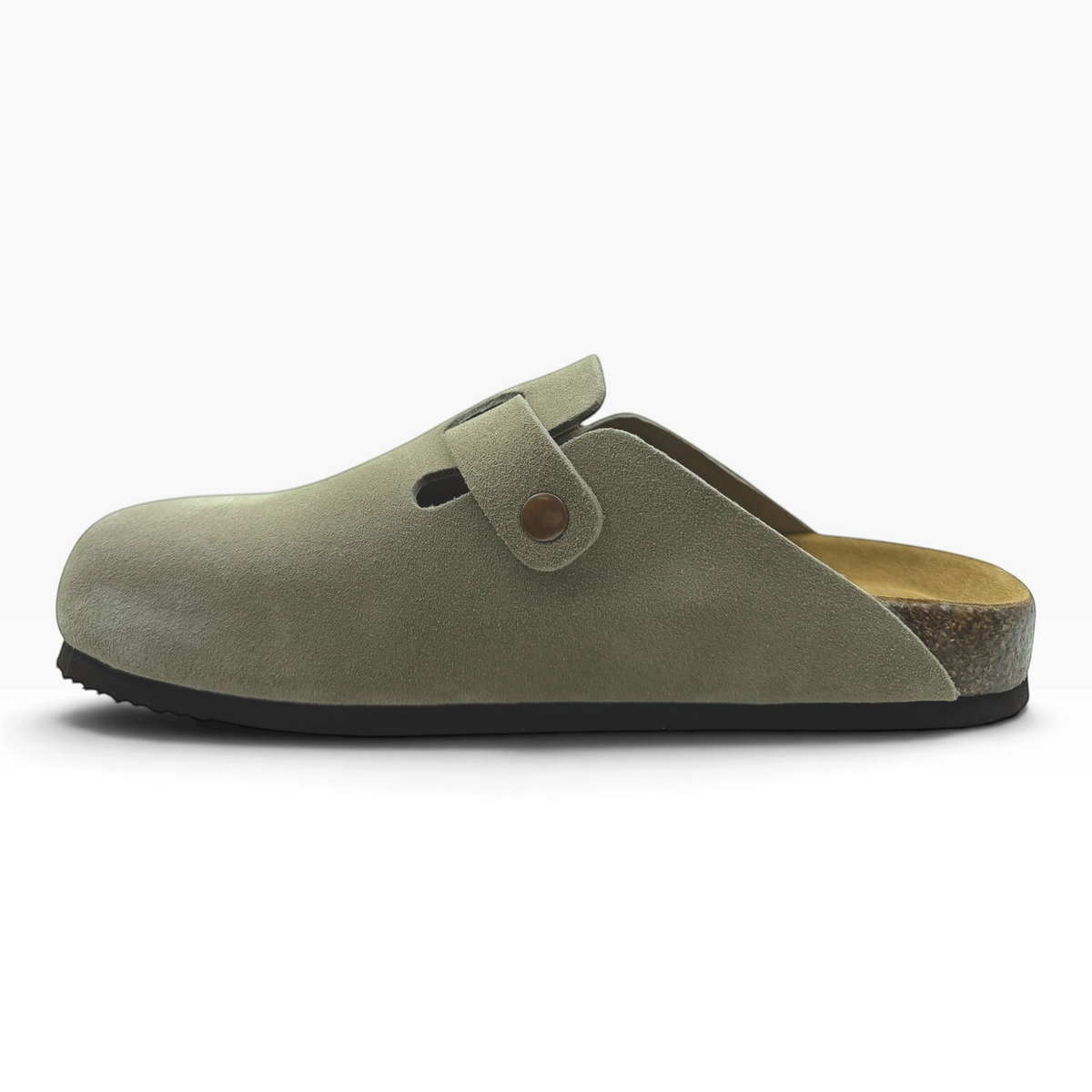 The Shoe Shop Blakely M grey suede mule with a functional buckle, memory foam footbed, and durable rubber outsole.