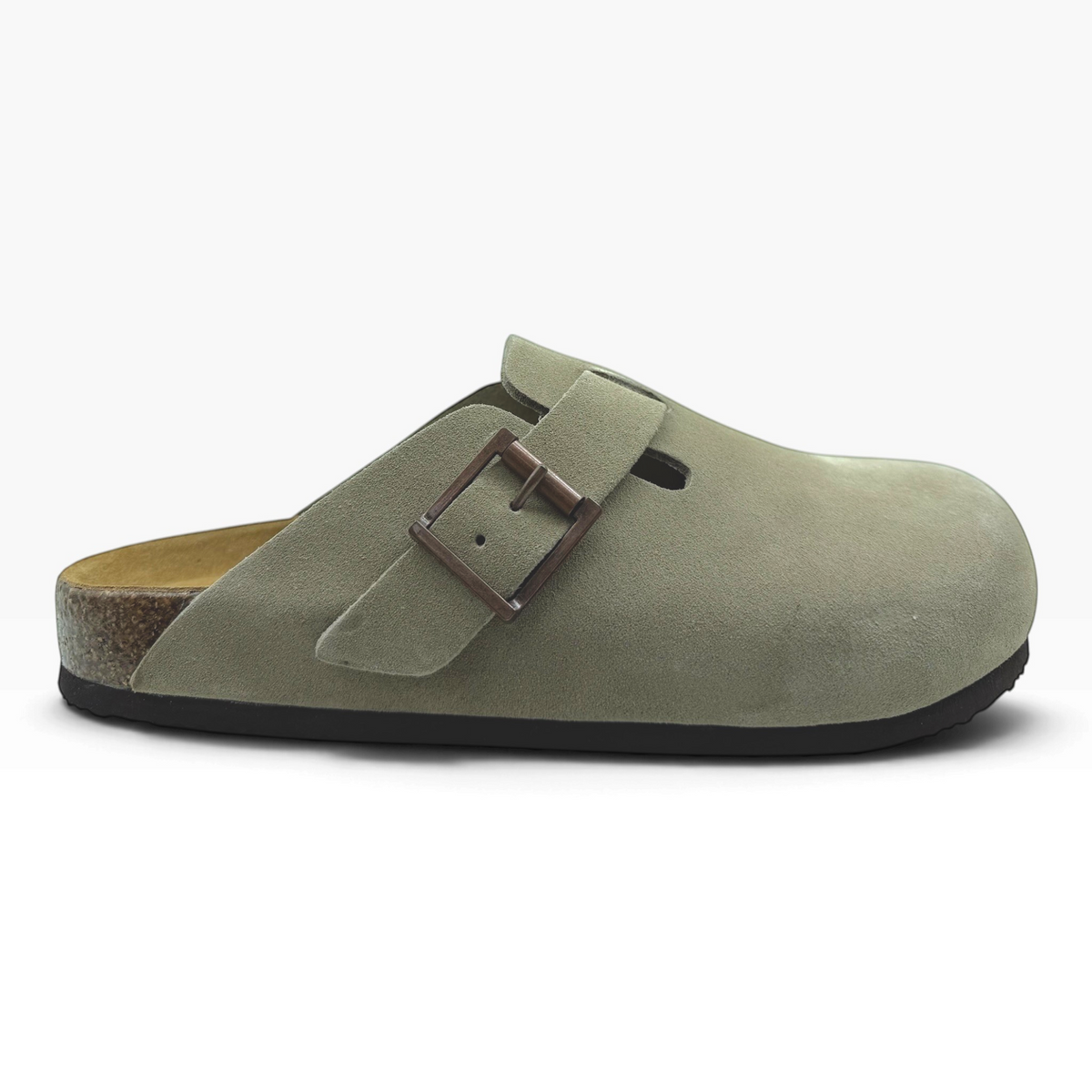 The Shoe Shop Blakely M olive suede mule with a functional buckle, cork-wrapped memory foam footbed, and rubber sole.