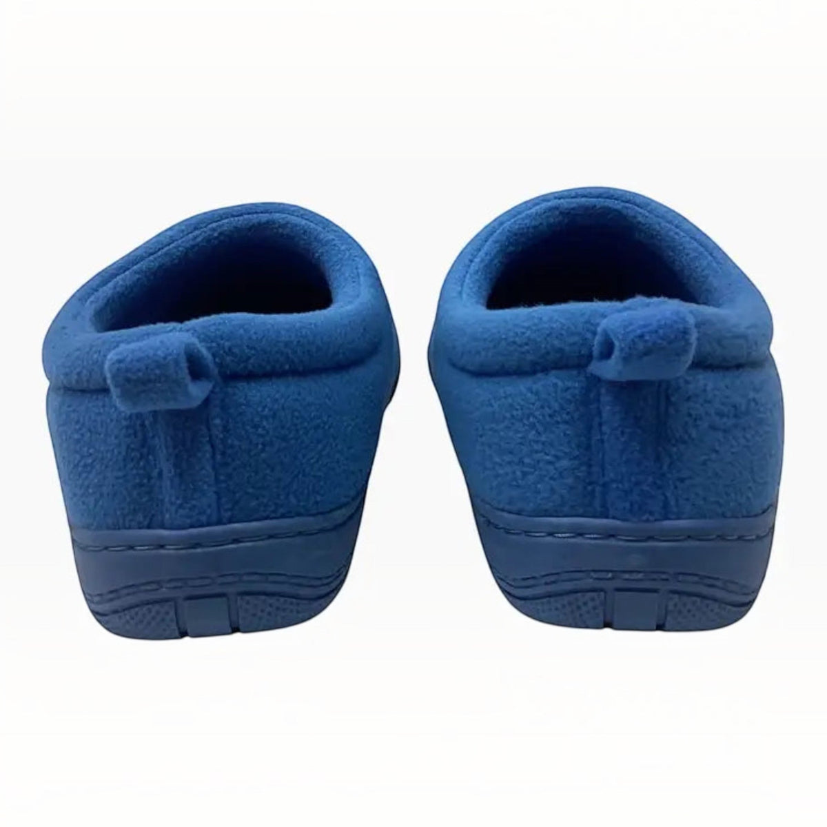 The Shoe Shop Suzie Slipper in blue polar fleece with a slip-on design and cushioned heel tab, rear view.
