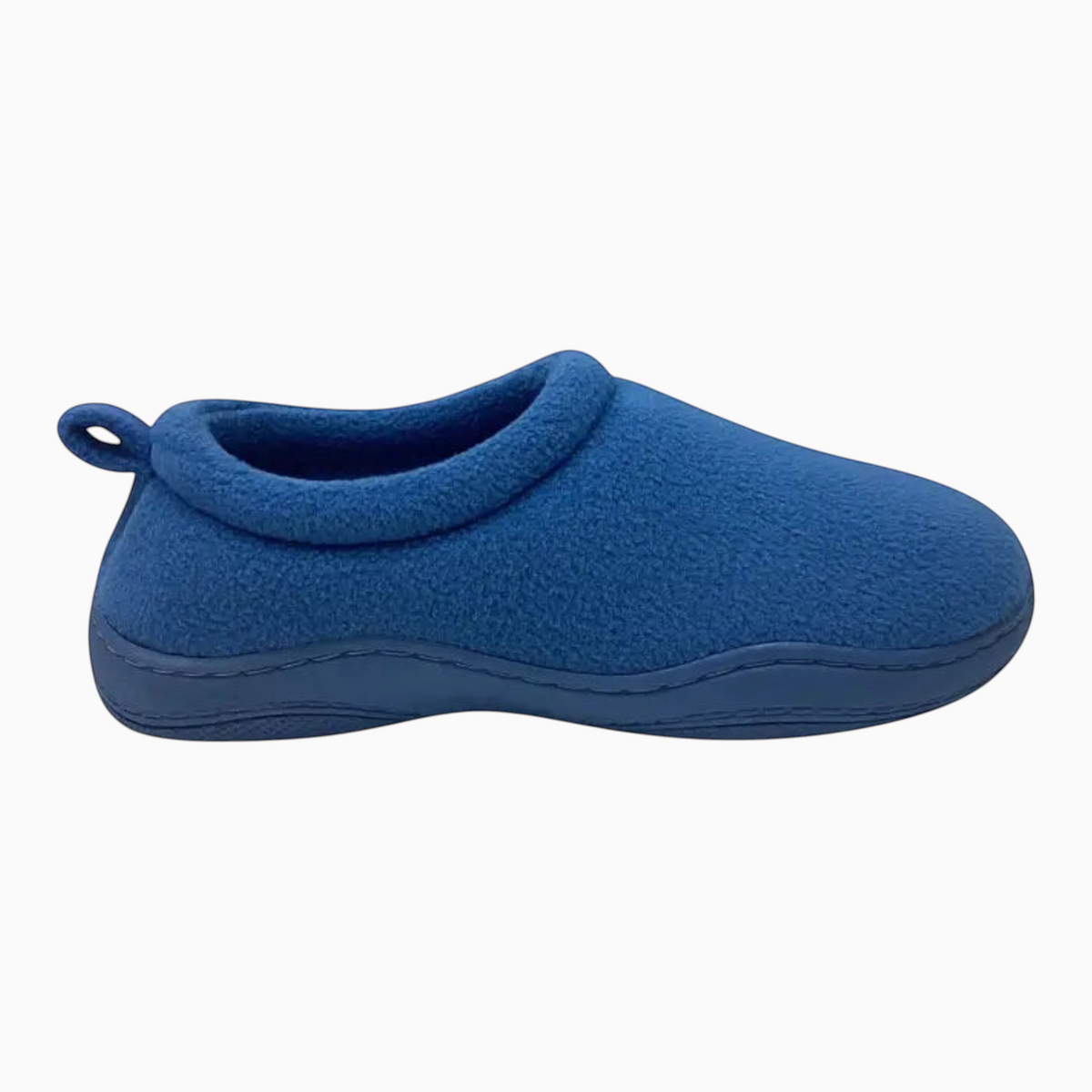 The Shoe Shop Suzie Slipper in blue polar fleece with a cushioned insole and easy slip-on design.