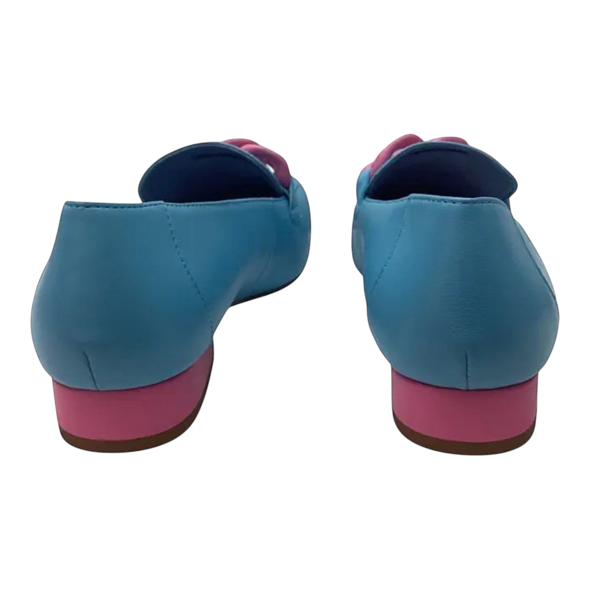 The Shoe Shop Belle Scarpe Roam blue leather loafers with a pink block heel and chain detail, back view.